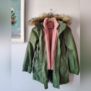 GAP Kids Olive Utility Jacket with Soft Pink Fleece Interior Vest